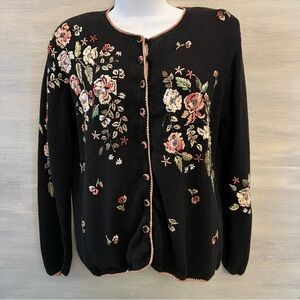 Vintage Heirloom Collectibles Black Floral Embroidered Cardigan Sweater Small GC